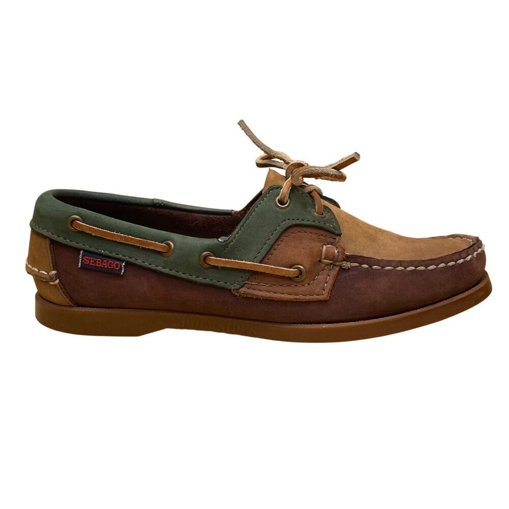 Sebago Women’s Brown & Green Leather 2 Eyes Docksides Boat Moc Toe Shoes Size 7.